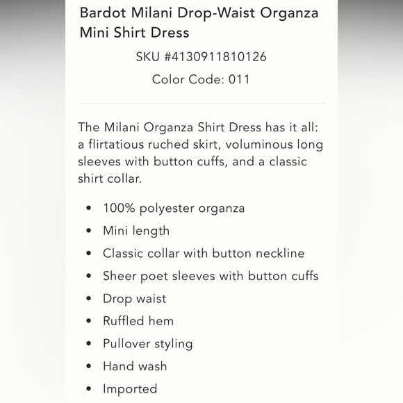 Anthropologie NWT Bardot Milani Drop-Waist Organza Mini Shirt Dress size 6. - Picture 6 of 11